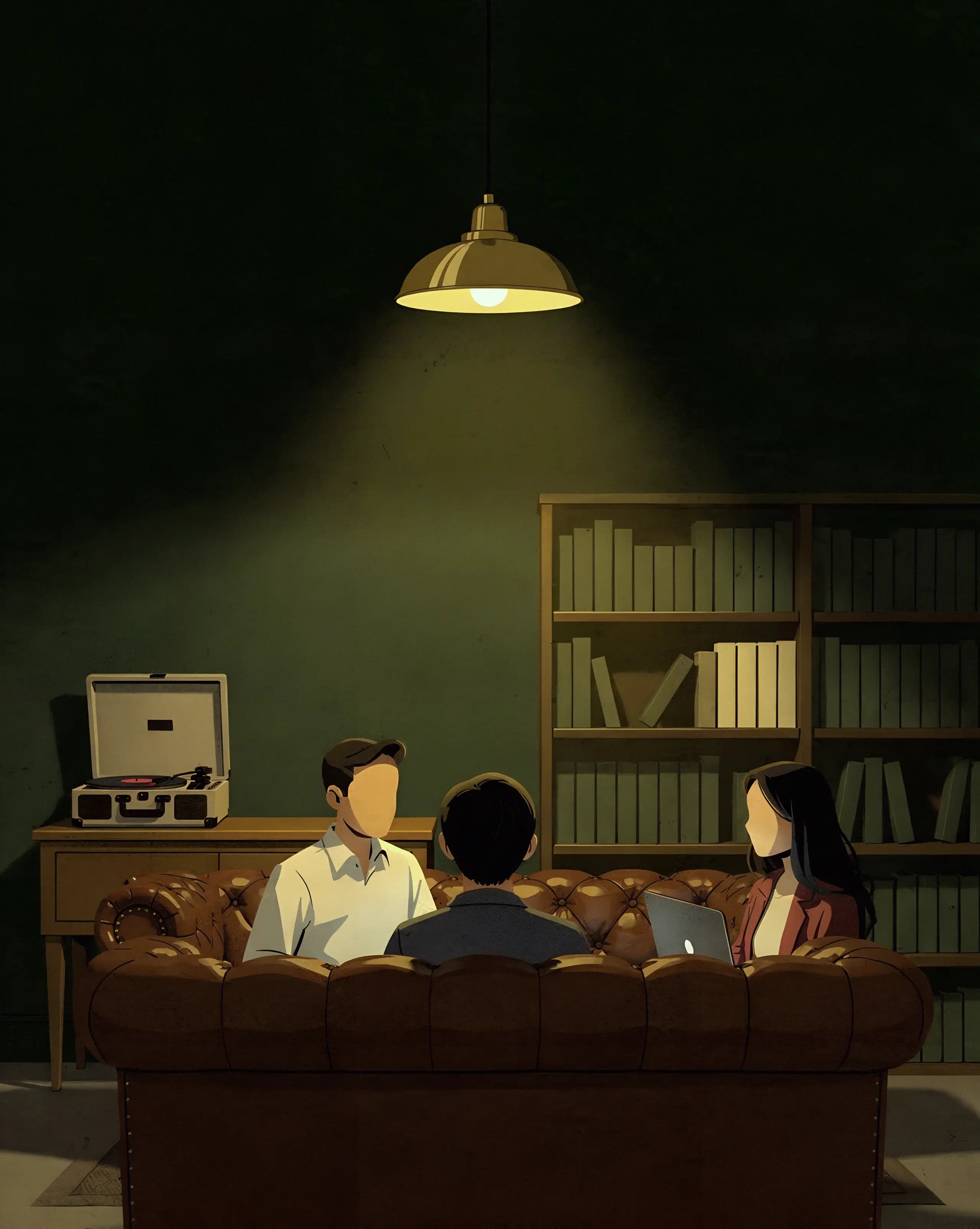 Illustration: eine Lounge bei Nacht, Menschen auf Ledersofas, dahinter ein Bücherregal und ein Plattenspieler