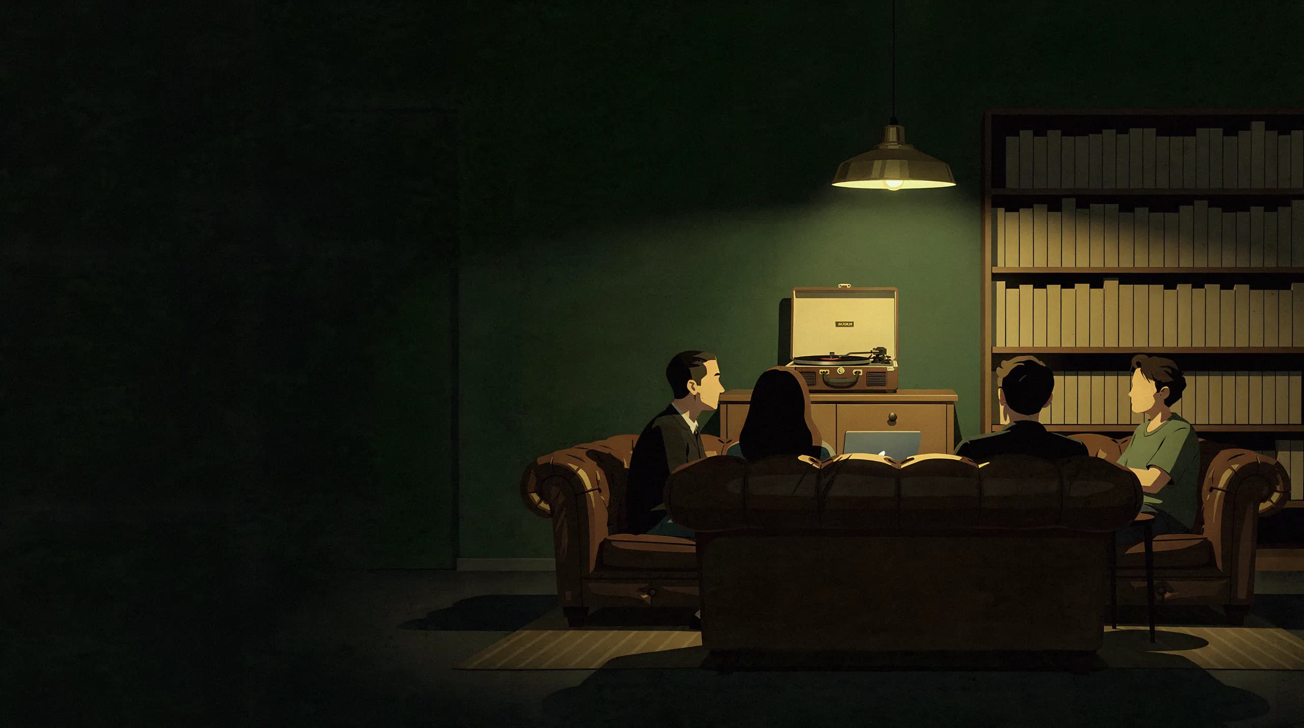 Illustration: eine Lounge bei Nacht, Menschen auf Ledersofas, dahinter ein Bücherregal und ein Plattenspieler