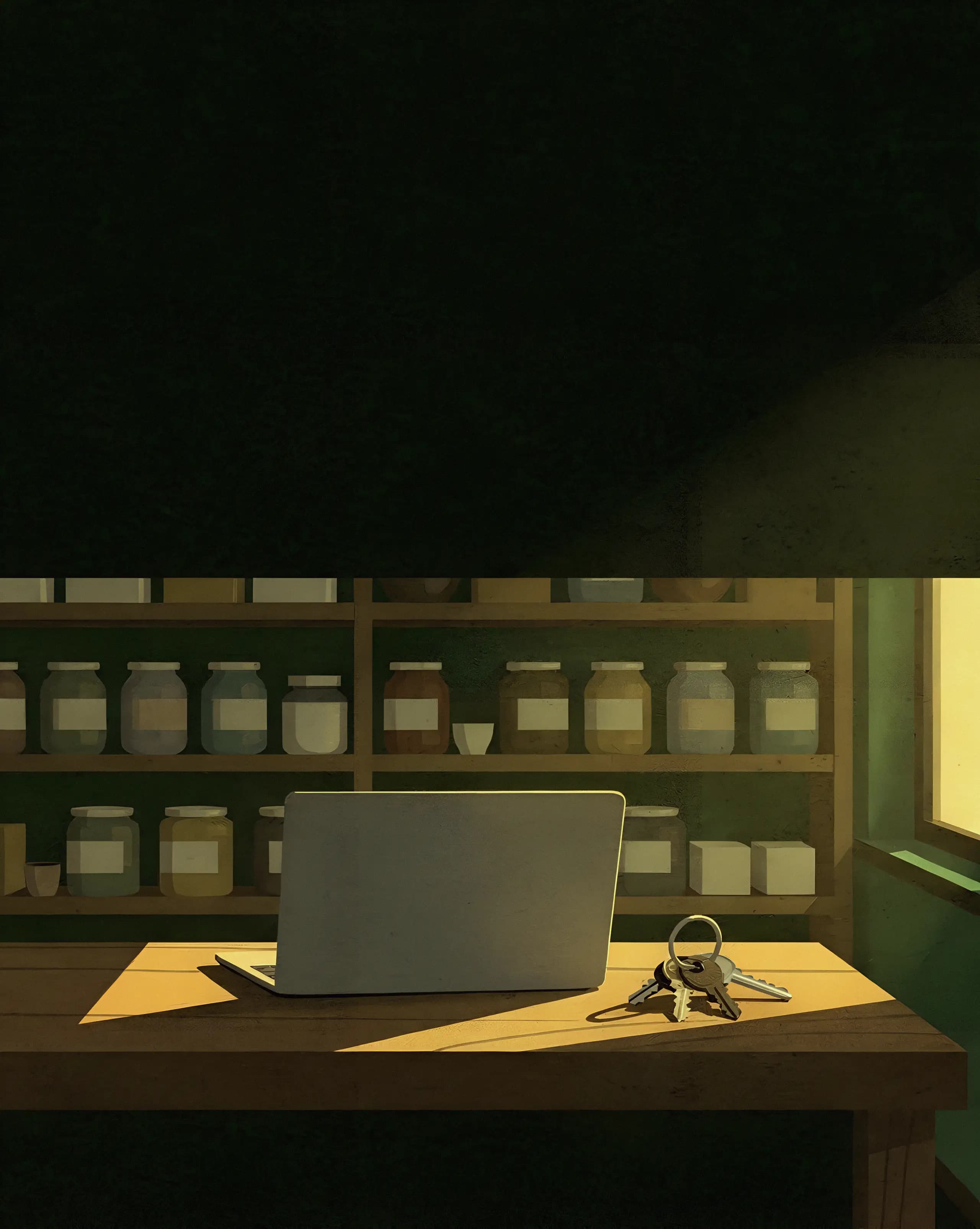 Illustration: ein Tresen im Morgenlicht mit Laptop und Schlüsselbund, dahinter Regale mit Gläsern