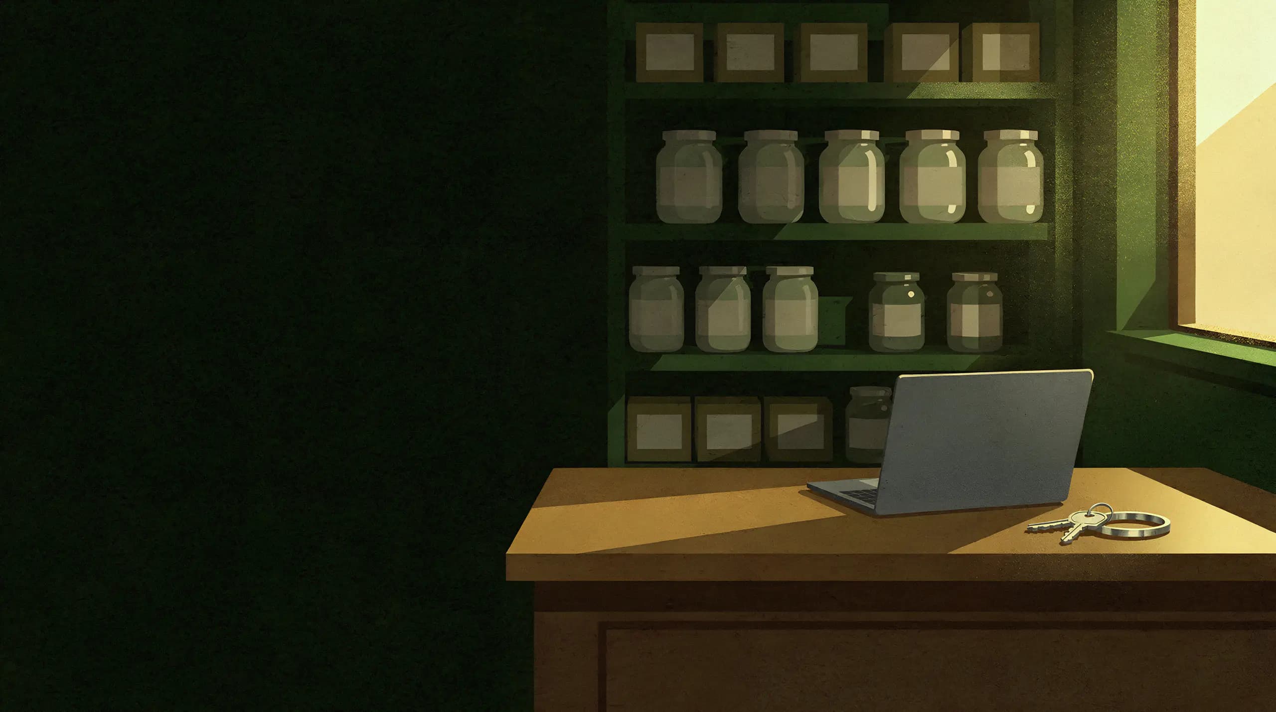 Illustration: ein Tresen im Morgenlicht mit Laptop und Schlüsselbund, dahinter Regale mit Gläsern